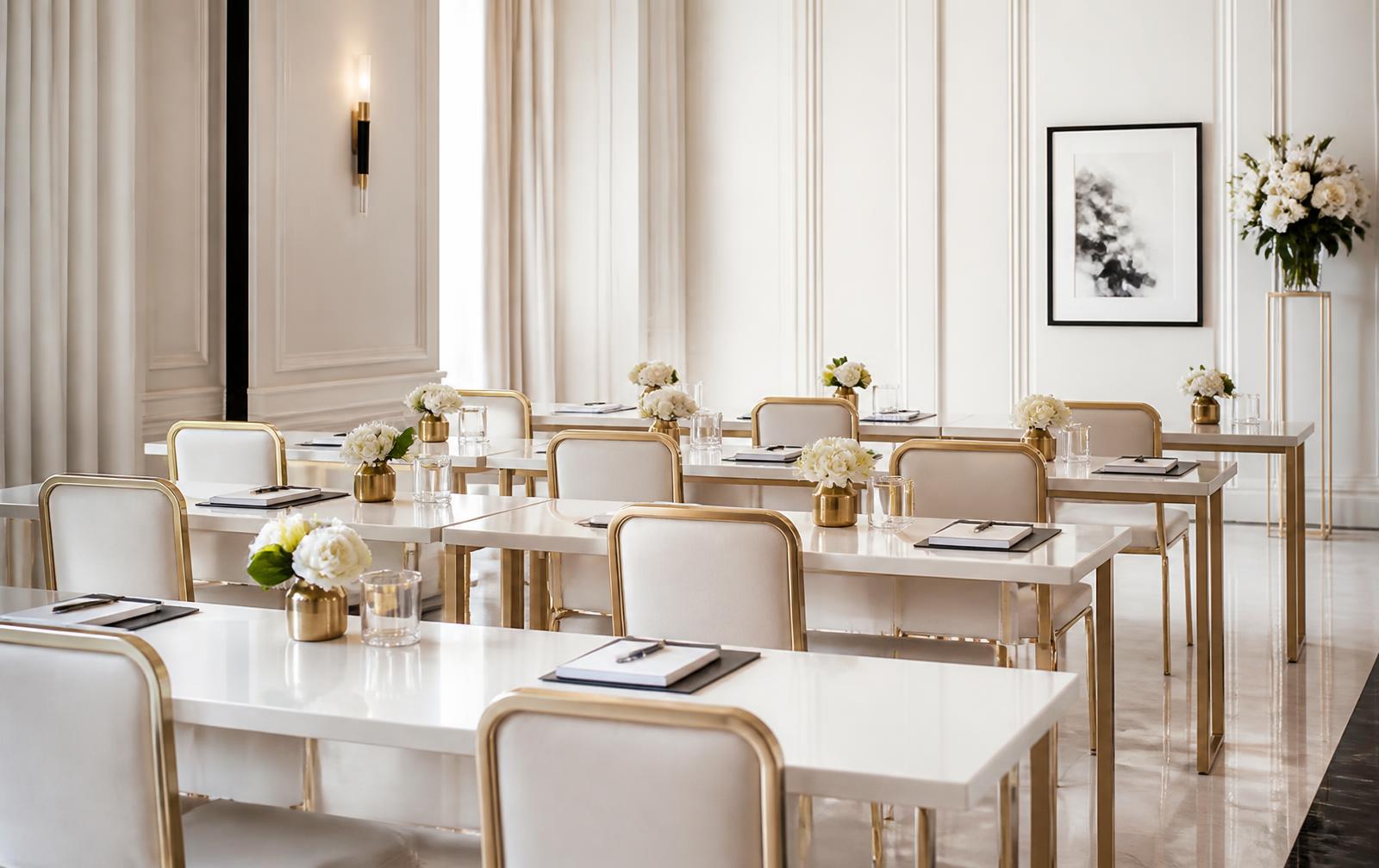 Luxury Atlanta event venue with white and gold seating