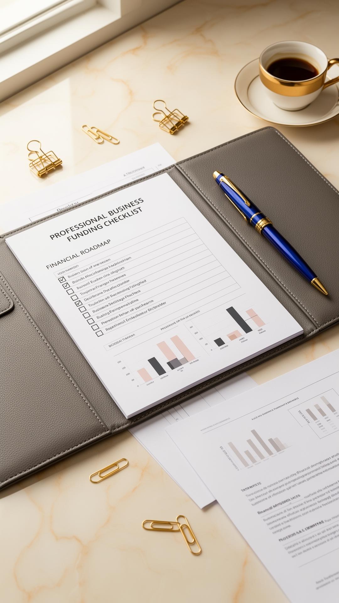 Luxury desk with business funding checklist, financial roadmap, and gold-accented pen
